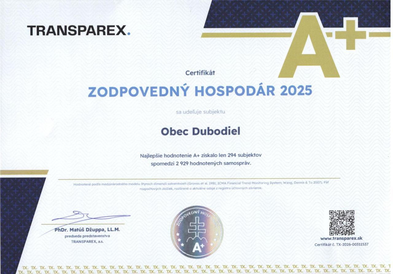 Obec Dubodiel získala ocenenie Zodpovedný hospodár 2025 s hodnotením A+, 1. miesto v okrese